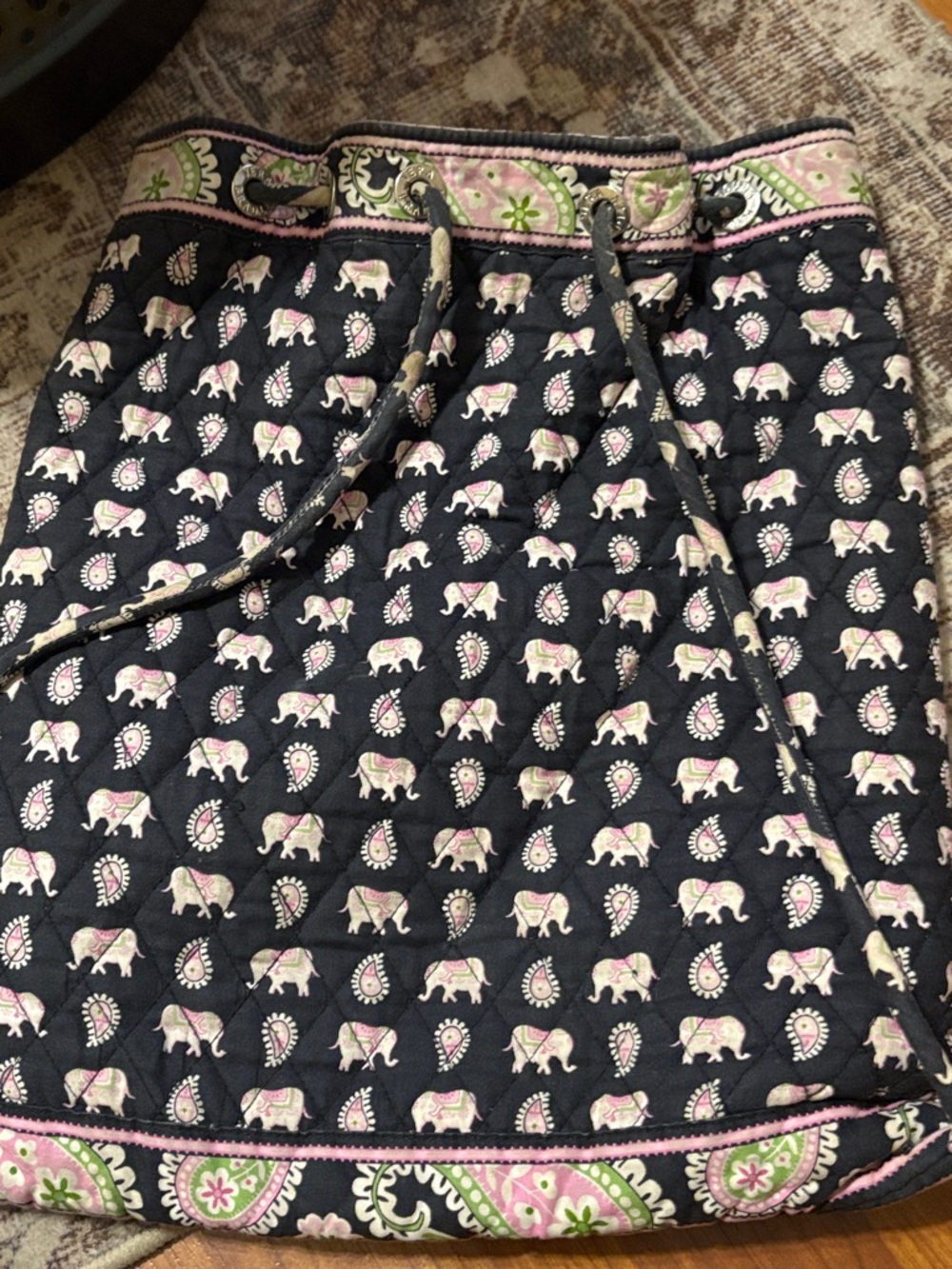 Vera Bradley Navy Quilted Backpack with Pink and Green Elephant Print